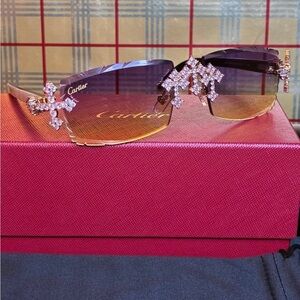 Cartier Unisex Buffalo Horn Rimless Diamond Cut Cross Sunglasses